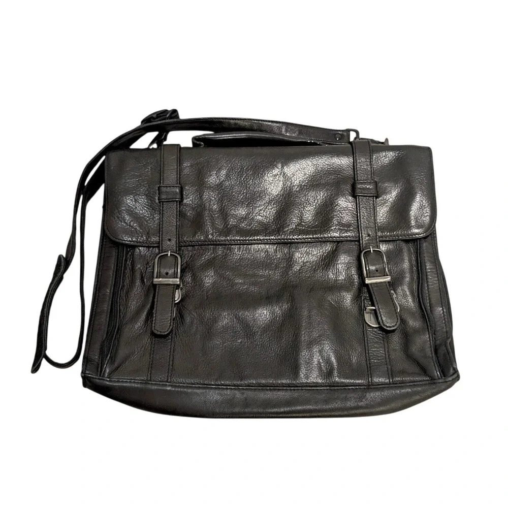 Scully Black Leather Messenger Bag Briefcase Buckle Flap Laptop Satchel Attache